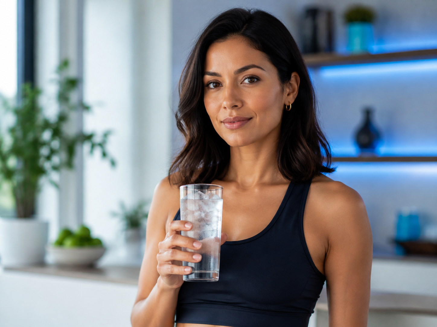 Mujer sosteniendo un vaso transparente con agua y hielo en la cocina